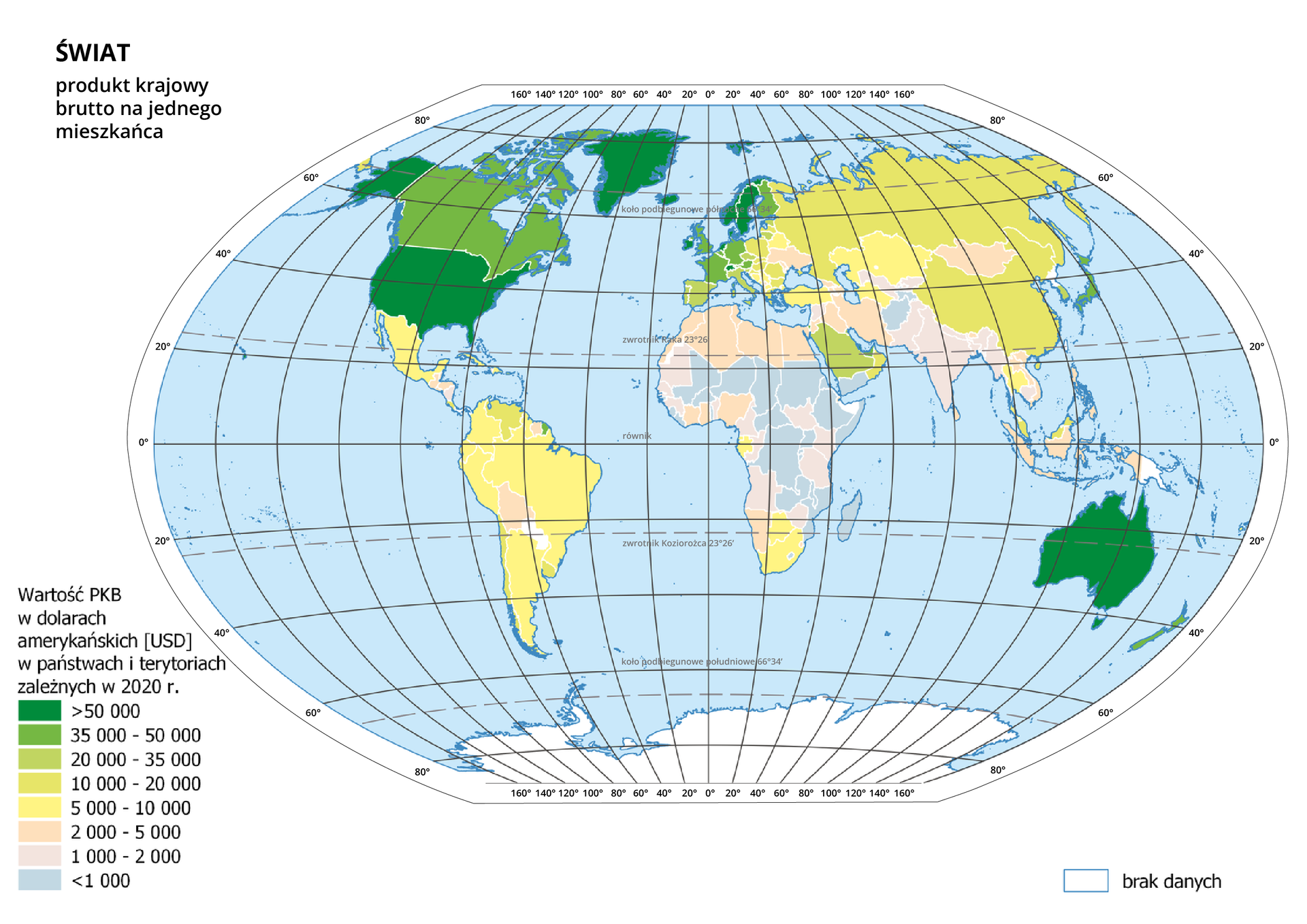 Ilustracja przedstawia mapę świata. Wody zaznaczono kolorem niebieskim. Na mapie za pomocą kolorów przedstawiono produkt krajowy brutto w dolarach amerykańskich na jednego mieszkańca w poszczególnych państwach i terytoriach zależnych w dwa tysiące dwudziestym roku. 
Kolor ciemnozielony obrazuje wielkość produktu krajowego brutto powyżej pięćdziesięciu tysięcy dolarów amerykańskich na jednego mieszkańca i występuje w Stanach Zjednoczonych, Australii, Szwecji, Danii, Norwegii, Irlandii, Szwajcarii, Holandii, Islandii. 
Jaśniejsze odcienie koloru zielonego (reprezentujące przedział od trzydziestu pięciu do pięćdziesięciu tysięcy dolarów) występują w Kanadzie, Wielkiej Brytanii, Francji, Belgii, Luksemburgu, Niemczech, Austrii, Finlandii, Japonii, Nowej Zelandii, Gujanie Francuskiej. 
Kraje mieszczące się w przedziale od dwudziestu do trzydziestu pięciu tysięcy: Portugalia, Hiszpania, Włochy, Czechy, Litwa, Arabia Saudyjska. 
Kraje w przedziale od dziesięciu do dwudziestu tysięcy: Wenezuela, Chile, Urugwaj, Polska, Słowacja, Czechy, Chorwacja, Węgry, Bułgaria, Rumunia, Rosja, Chiny, Malezja, Oman.
Kraje w przedziale od pięciu do dziesięciu tysięcy: Meksyk, Kuba, Jamajka, Dominikana, Kolumbia, Ekwador, Peru, Brazylia, Panama, Argentyna, RPA, Botswana, Gabon, Turcja, Białoruś, Bośnia i Hercegowina, Serbia, Grecja, Kazachstan, Turkmenistan, Tajlandia.
Kraje w przedziale od dwóch do pięciu tysięcy: Surinam, Gwatemala, Honduras, Boliwia, Ukraina, Mongolia, Irak, Iran, kraje Kaukazu, północnej Afryki, Jordania, Indonezja, Filipiny, Wietnam, Laos, Namibia, Wybrzeże Kości Słoniowej, Ghana, Nigeria.
Kraje w przedziale od jednego do dwóch tysięcy: kraje południowej Azji (w tym Indie) oraz część krajów afrykańskich, głównie wzdłuż zachodniego i wschodniego wybrzeża kontynentu. Kraje centralnej Afryki, Madagaskar oraz Afganistan i Tadżykistan mają wartości PKB poniżej tysiąca.