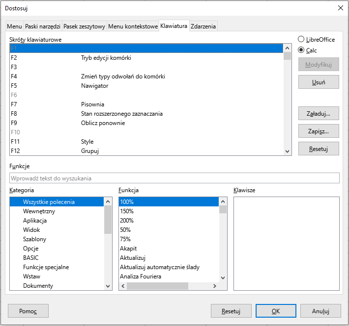 Ilustracja przedstawia okno o nazwie Dostosuj. Wybrano zakładkę Klawiatura. W obszarze o nazwie Skróty klawiszowe, podświetlono F1. Z prawej strony okna zaznaczono Calc. W obszarze Kategorie zaznaczono Wszystkie polecenia. W obszarze Funkcja zaznaczono 100%. Obszar Klawisze jest pusty. Zastosowano przycisk OK. 