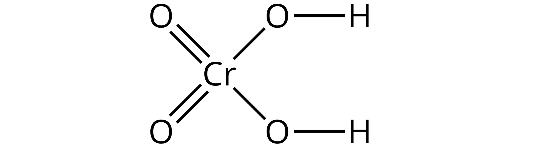Ilustracja przedstawiająca wzór strukturalny kwasu chromowego(<math aria‑label="sześć">VI) zbudowanego z atomu chromu Cr połączonego za pomocą wiązań podwójnych z dwoma atomami tlenu oraz za pomocą wiązań pojedynczych z dwiema grupami hydroksylowymi —OH.