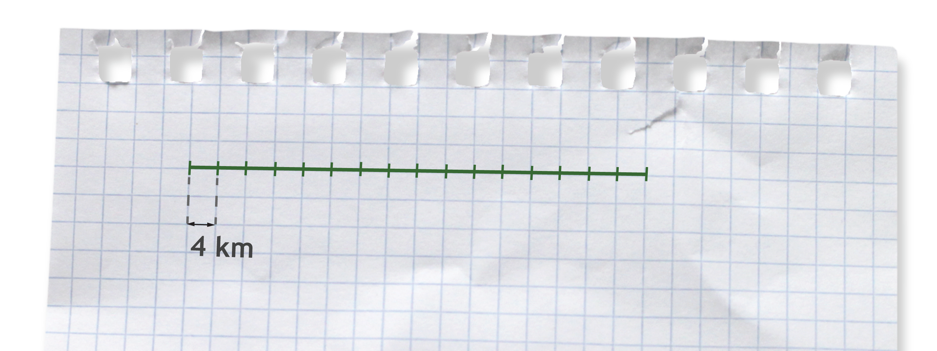 Rysunek odcinka podzielonego na szesnaście równych części. Każdy odcinek jednostkowy odpowiada  czterem kilometrom.