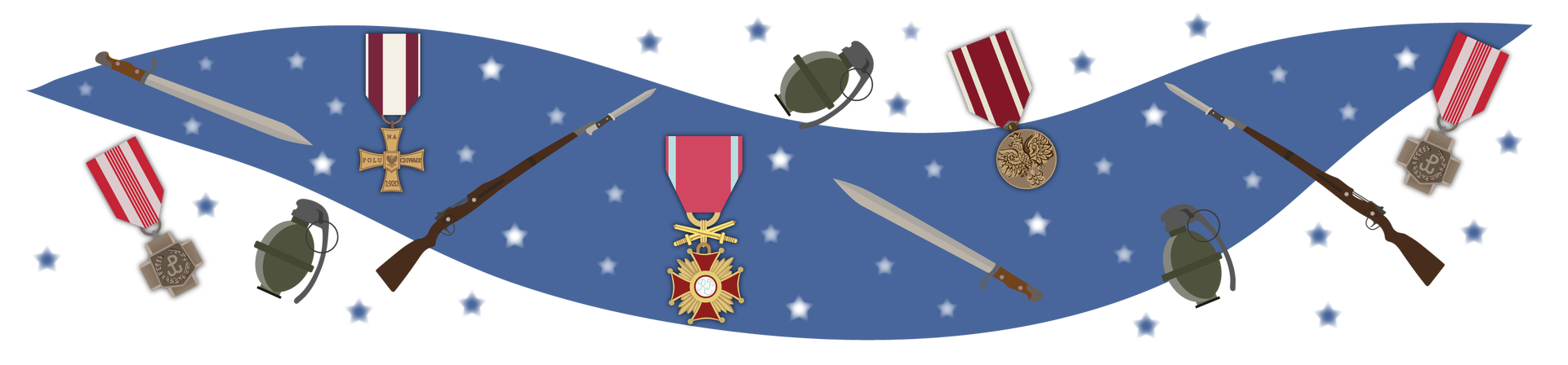 Ilustracja przedstawia pięć medali na granatowym tle w białe gwiazdki. Do każdego medalu jest przyczepiona szeroka biało‑czerwona wstążka. Cztery medale są w kształcie krzyża, a jeden jest okrągły, z wizerunkiem Orła Białego. Dookoła medali unoszą się trzy granaty, dwa miecze i dwa karabiny z bagnetami.
