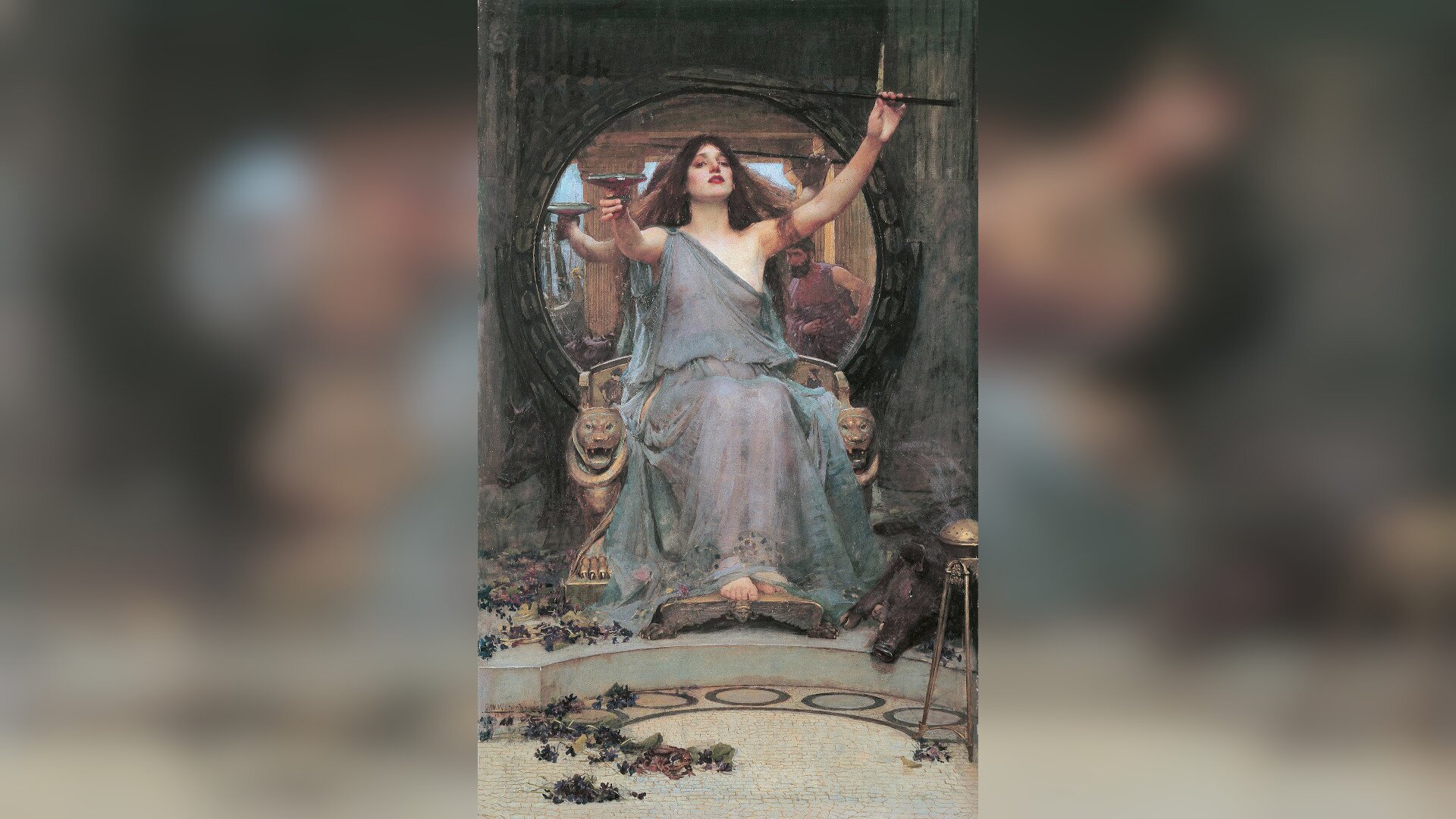 Obraz przedstawia siedzącą na tronie młodą kobietę. Ubrana jest w prześwitującą szatę, ma długie, brązowe włosy. Ma uniesione ręce — w prawej dłoni trzyma kielich, a w lewej kij. Za kobietą wisi lustro, w którym odbija się mężczyzna w todze. Wokół tronu leżą gałązki, a po prawej dzik.