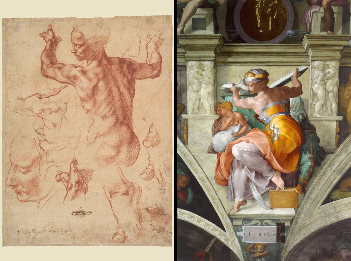 Ilustracja przedstawia dwie fotografie obok siebie: z lewej strony studium postaci kobiecej ukazanej od tyłu oraz kilka niewielkich szkiców części ciała (głowa, stopy, palce). Szkic jest wykonany sangwiną, miękka kreska jest zróżnicowana pod względem grubości i intensywności. Z prawej strony malowidło, do którego wykonane były szkice znajdujące się na ilustracji z lewej. Na pierwszym planie obecne jest siedząca postać, której żółto‑pomarańczowa suknia uwydatnia umięśnione plecy.  W uniesionych rękach kobieta trzyma otwartą księgę, a jej głowa ukazana bokiem oraz skierowana w dół. Poniżej, z lewej strony jest dwoje małych dzieci okrytych jasnym materiałem. Na dole, na jasnym tle widnieje napis „LIBICA”. 