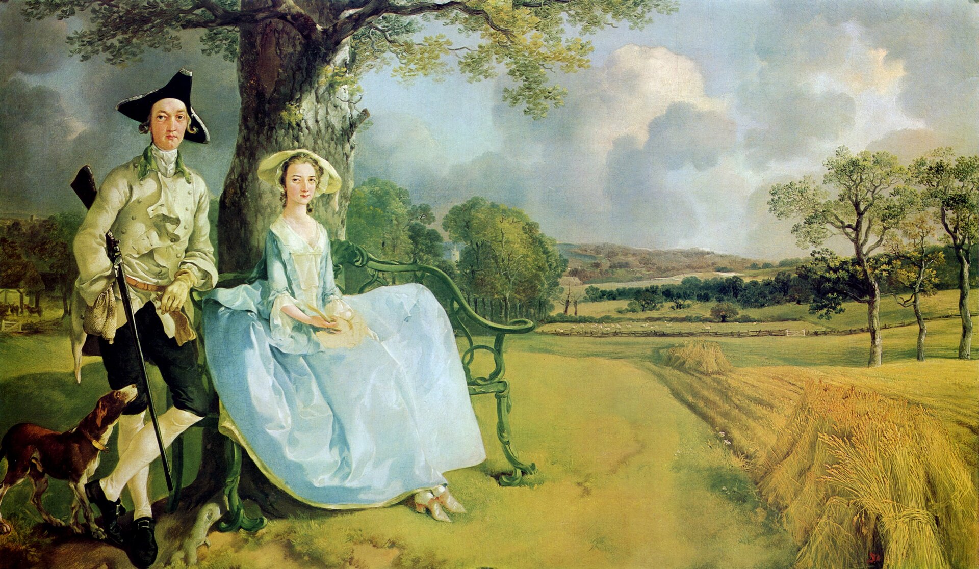 Ilustracja przedstawia obraz „Portret państwa Andrews” autorstwa  Thomasa Gainsborougha. Obraz ukazuje kobietę ubraną w jasną, elegancką suknię, siedzącą na ławce pod drzewem. Obok kobiety stoi mężczyzna ubrany w kapelusz, koszulę, jasne okrycie wierzchnie, ciemne spodnie do kolan, białe podkolanówki oraz eleganckie buty. Postać stoi oparta o ławkę, a pod prawą pachą trzyma broń. Obok mężczyzny stoi pies. W tle widoczne są pola i lasy.