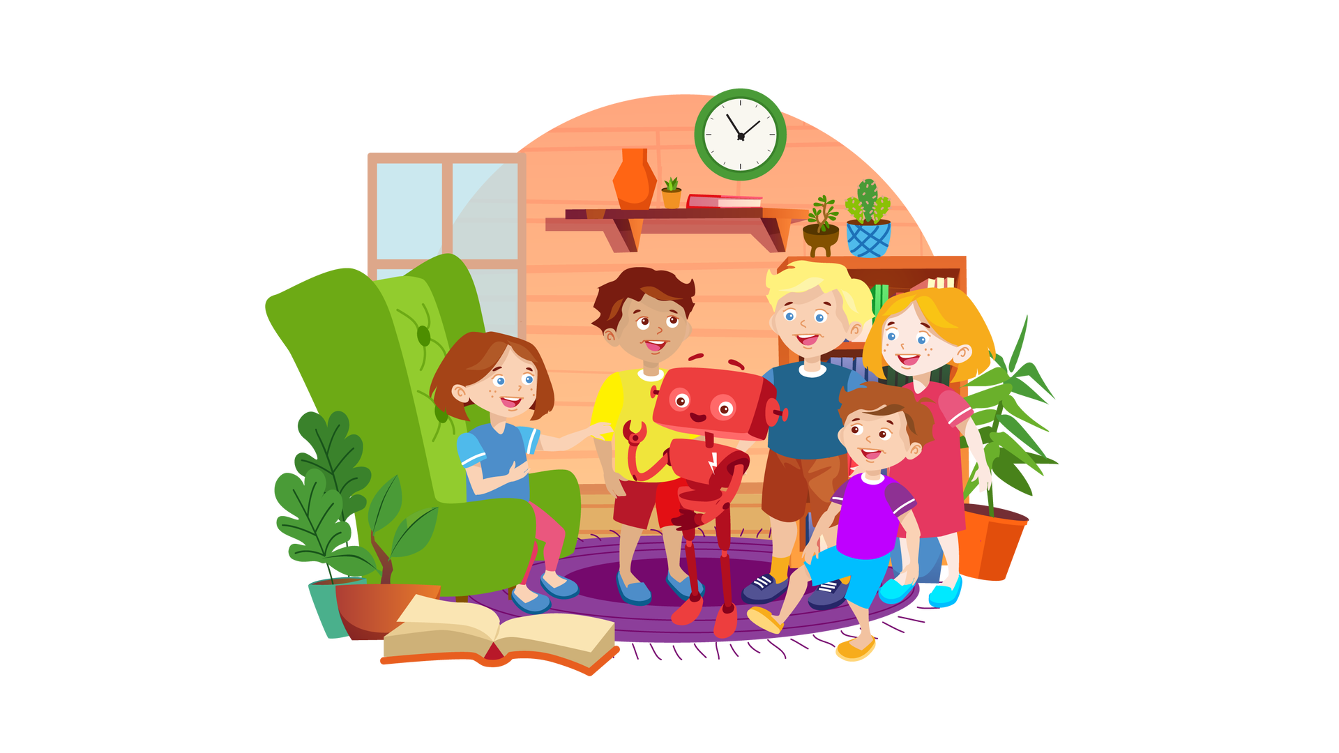 Ilustracja przedstawia pomieszczenie w domu. W tle widać jasnopomarańczową ścianę, na której wisi okrągły zielony zegar ze wskazówkami, a pod nim brązowa półka. Na półce stoją po lewej stronie pomarańczowy wazon i niewielka zielona roślina w jasnopomarańczowej donicy, a po prawej stronie leży książka w czerwonej okładce. Po prawej stronie ilustracji stoi brązowy regał z książkami. Na samej górze regału znajduje się zielona roślina w brązowej donicy oraz zielony kaktus w niebieskiej donicy w granatową kratę. Obok regału na podłodze stoi bardzo duża zielona roślina w pomarańczowej donicy. Po lewej stronie ilustracji znajduje się okno. Na środku pokoju leży okrągły fioletowy dywan z frędzlami, przy którym po lewej stronie stoją dwie zielone rośliny – jedna w zielonej donicy, a druga w brązowej. Obok roślin leży otwarta książka w pomarańczowej okładce. Na dywanie stoi zielony fotel, na którym siedzi uśmiechnięta Maja. Wyciąga ręce w kierunku stojącego naprzeciwko niej Zgrzytka, który również się uśmiecha. Za robotem stoi czworo dzieci. Najbliżej Mai znajduje się chłopiec o ciemnobrązowych włosach. Jest ubrany w żółtą koszulkę z krótkimi rękawami, krótkie czerwone spodnie i granatowe buty. Dalej stoi chłopiec o bardzo jasnych włosach. Jest ubrany w granatową koszulkę z krótkimi rękawami, krótkie brązowe spodnie, pomarańczowe skarpety i granatowe sznurowane buty. Obok niego jest blondwłosa dziewczynka ubrana w ciemnoróżową sukienkę z krótkimi rękawami i błękitne buty. Przy dziewczynce stoi na jednej nodze brązowowłosy chłopiec. Jest ubrany w fioletową koszulkę z krótkimi rękawami, krótkie niebieskie spodnie i pomarańczowe buty z żółtymi podeszwami. Wszystkie dzieci szeroko się uśmiechają.Ilustracja przedstawia pomieszczenie w domu. W tle widać jasnopomarańczową ścianę, na której wisi okrągły zielony zegar ze wskazówkami, a pod nim brązowa półka. Na półce stoją po lewej stronie pomarańczowy wazon i niewielka zielona roślina w jasnopomarańczowej donicy, a po prawej stronie leży książka w czerwonej okładce. Po prawej stronie ilustracji stoi brązowy regał z książkami. Na samej górze regału znajduje się zielona roślina w brązowej donicy oraz zielony kaktus w niebieskiej donicy w granatową kratę. Obok regału na podłodze stoi bardzo duża zielona roślina w pomarańczowej donicy. Po lewej stronie ilustracji znajduje się okno. Na środku pokoju leży okrągły fioletowy dywan z frędzlami, przy którym po lewej stronie stoją dwie zielone rośliny – jedna w zielonej donicy, a druga w brązowej. Obok roślin leży otwarta książka w pomarańczowej okładce. Na dywanie stoi zielony fotel, na którym siedzi uśmiechnięta Maja. Wyciąga ręce w kierunku stojącego naprzeciwko niej Zgrzytka, który również się uśmiecha. Za robotem stoi czworo dzieci. Najbliżej Mai znajduje się chłopiec o ciemnobrązowych włosach. Jest ubrany w żółtą koszulkę z krótkimi rękawami, krótkie czerwone spodnie i granatowe buty. Dalej stoi chłopiec o bardzo jasnych włosach. Jest ubrany w granatową koszulkę z krótkimi rękawami, krótkie brązowe spodnie, pomarańczowe skarpety i granatowe sznurowane buty. Obok niego jest blondwłosa dziewczynka ubrana w ciemnoróżową sukienkę z krótkimi rękawami i błękitne buty. Przy dziewczynce stoi na jednej nodze brązowowłosy chłopiec. Jest ubrany w fioletową koszulkę z krótkimi rękawami, krótkie niebieskie spodnie i pomarańczowe buty z żółtymi podeszwami. Wszystkie dzieci szeroko się uśmiechają.