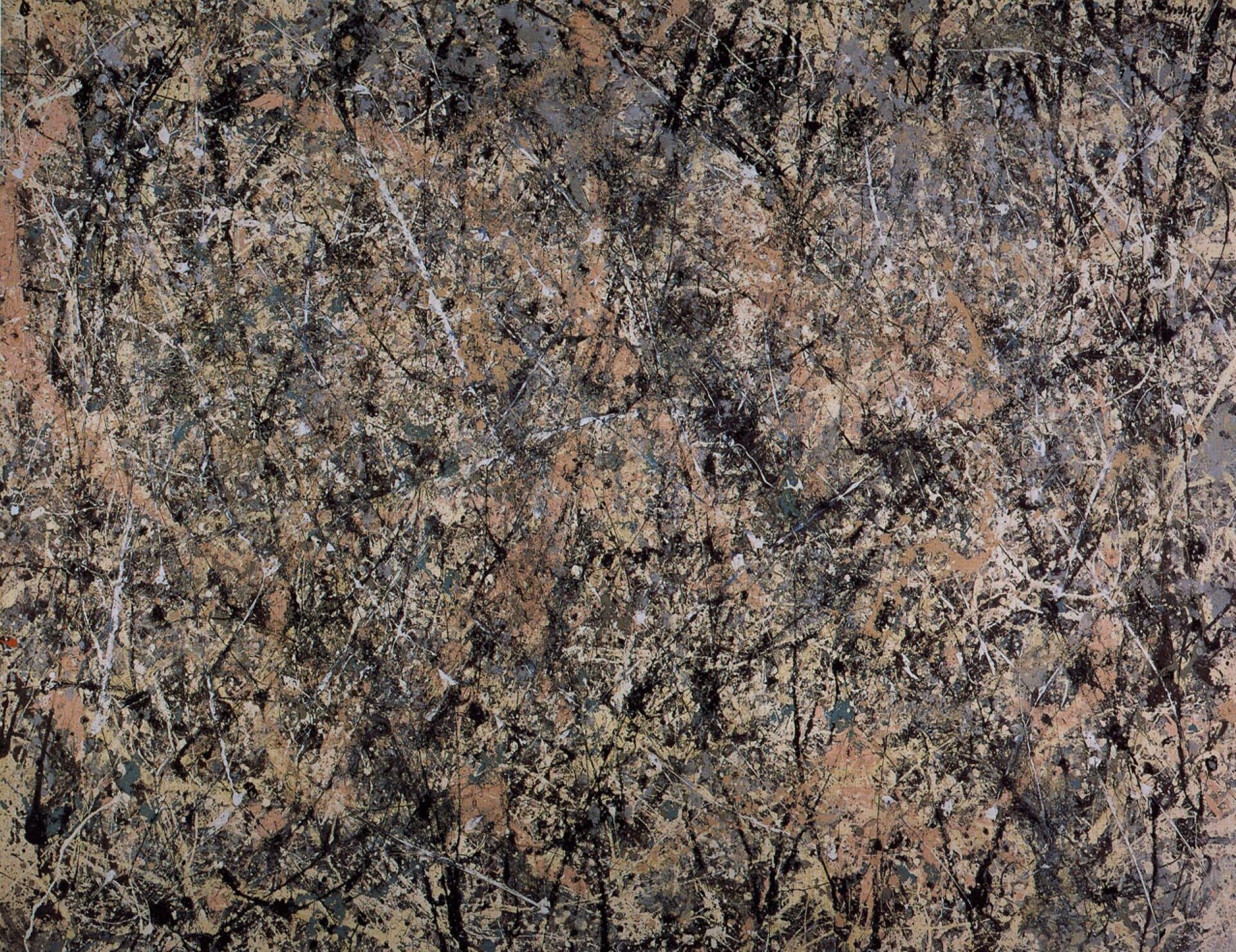 Obraz przedstawia abstrakcyjną pracę, na której losowo kładziono farbę na płótno. Na obrazie dominują ciemne barwy – szary, czarny, brązowy oraz biały.