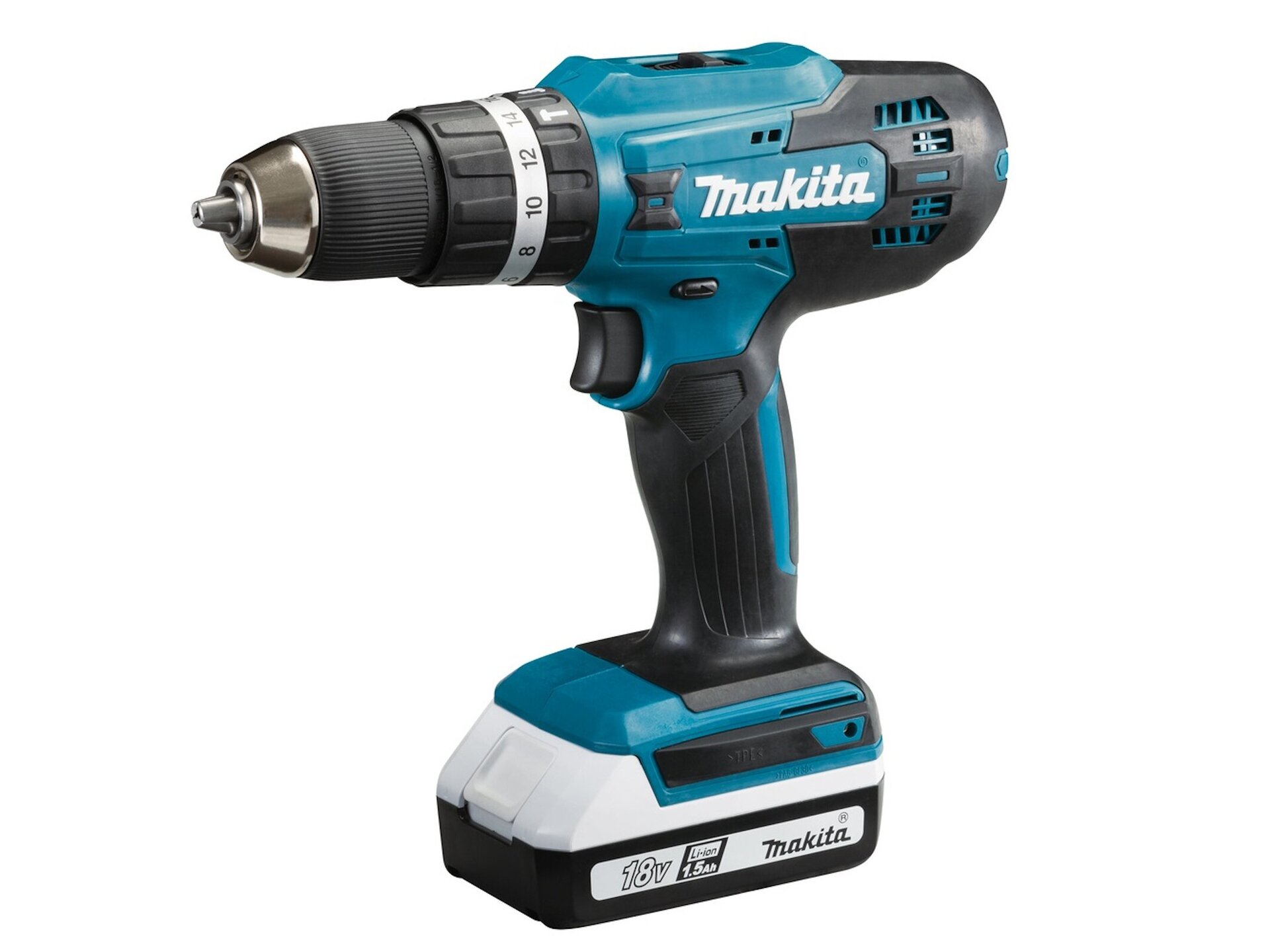 Grafika przedstawia wszechstronne narzędzie, które łączy funkcje wiercenia i wkręcania. Wiertarko‑wkrętarka bezprzewodowa ma korpus wykonany z trwałego tworzywa sztucznego lub metalu. Korpus składa się z prostopadłościennej podstawy, gdzie umieszczona jest bateria lub akumulator. Na podstawie znajduje się zintegrowany z nią uchwyt, który pasuje do dłoni użytkownika, co zapewnia wygodę i bezpieczeństwo podczas użytkowania. Uchwyt jest pokryty materiałem antypoślizgowym lub gumową powłoką, co zapewnia lepszą przyczepność i redukcję wibracji podczas użytkowania. Na uchwycie widoczny jest przycisk włączania i wyłączania urządzenia. Górna część to korpusu ma kształt cylindryczny. W części przedniej znajduje się stożkowy uchwyt na wiertła oraz pokrętło wyboru trybu pracy. W części tylnej znajdują się otwory wentylacyjne zapewniające odpowiednią temperaturę wewnątrz narzędzia podczas jego pracy.