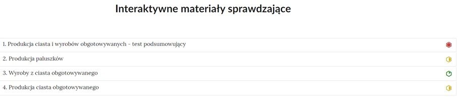 Grafika przedstawia widok interaktywnego materiału sprawdzającego, czyli zbioru poszczególnych zadań w formie listy z nazwami zadań, gdzie po kliknięciu w nazwę zadania pojawi się jego zawartość. Na liście, na prawo od nazwy każdego zadania widnieje ikonka informująca o poziomie trudności danego zadania. 