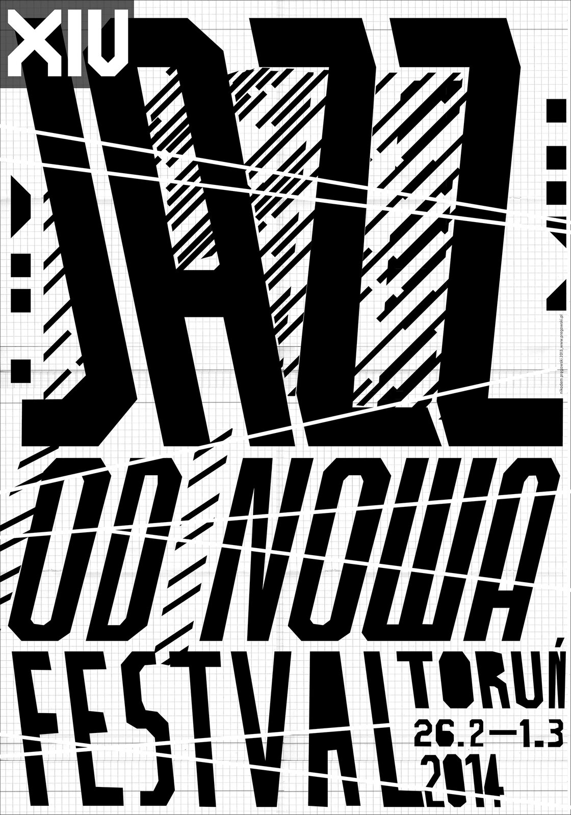 Ilustracja przedstawia plakat promujący festiwal „ Jazz  od nowa”, autorstwa Nikodema Pręgowskiego. Na białym tle umieszczone zostały w trzech rzędach duże napisy „ JAZZ ’’, „OD NOWA”, „ FESTIVAL  TORUŃ 26.2‑1.3 2014”. Kompozycja pełna jest dynamicznych skosów. Czcionka w każdym z rzędów odchylona jest pod innym kątem. Tło pomiędzy literami pokryte jest gdzieniegdzie skośnymi, czarnymi liniami. Ukośne, białe linie przecinają czarne bloki tekstowe pod różnymi kątami. W górnym lewym rogu umieszczony został czarny, półprzezroczysty prostokąt z białym napisem „XIV”.