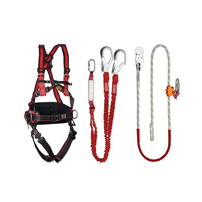 Ilustracja przedstawia ubranie asekuracyjne dekarza. Widoczne są uprzęże i liny.