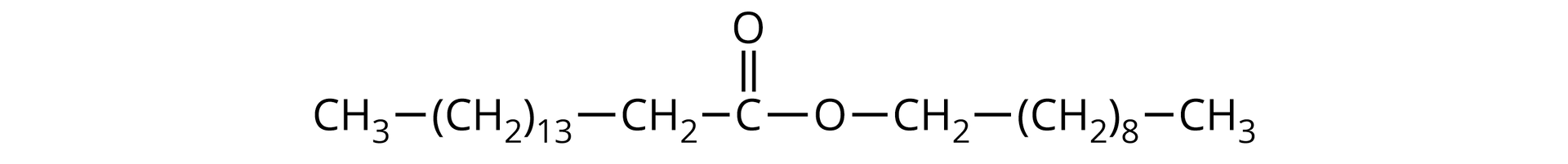Opis wzoru od lewej strony: grupa metylowa łączy się z grupą metylenową 13 razy wziętą. Ta łączy się z grupą metylenową, która łączy się z atomem węgla. Atm węgla na górze łączy się wiązaniem podwójnym z atomem tlenu, a wiązaniem pojedynczym w prawo z kolejnym atomem tlenu. Atom tlenu łączy się z grupą metylenową, która łączy się z grupą metylenową osiem razy wziętą. Ta z kolei łączy się z grupą metylową.   