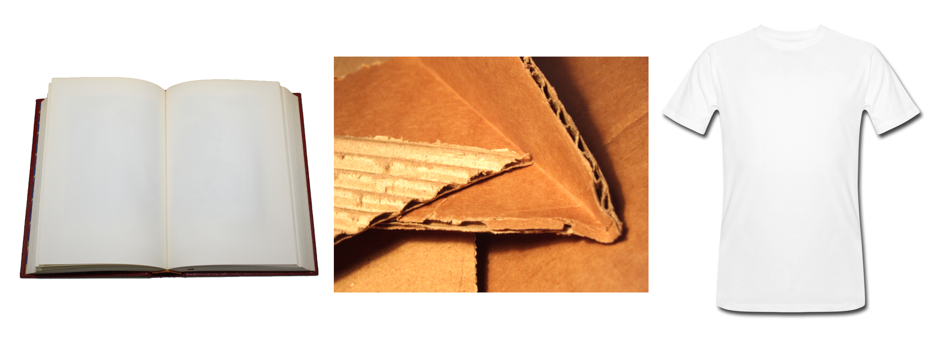 Fotografia przedstawia białą, prostokątną, rozłożoną książkę z brązową okładką; brązowe, nieregularne kawałki tekturowego kartonu oraz białą, bawełnianą koszulkę.