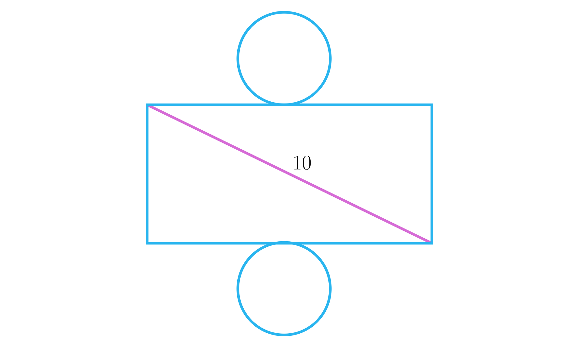 Ilustracja przedstawia siatkę walca składającą się z oraz dwóch kół stycznych do dłuższych przeciwległych boków prostokąta. Na ilustracji zaznaczona została także przekątna prostokąta o długości dziesięć.