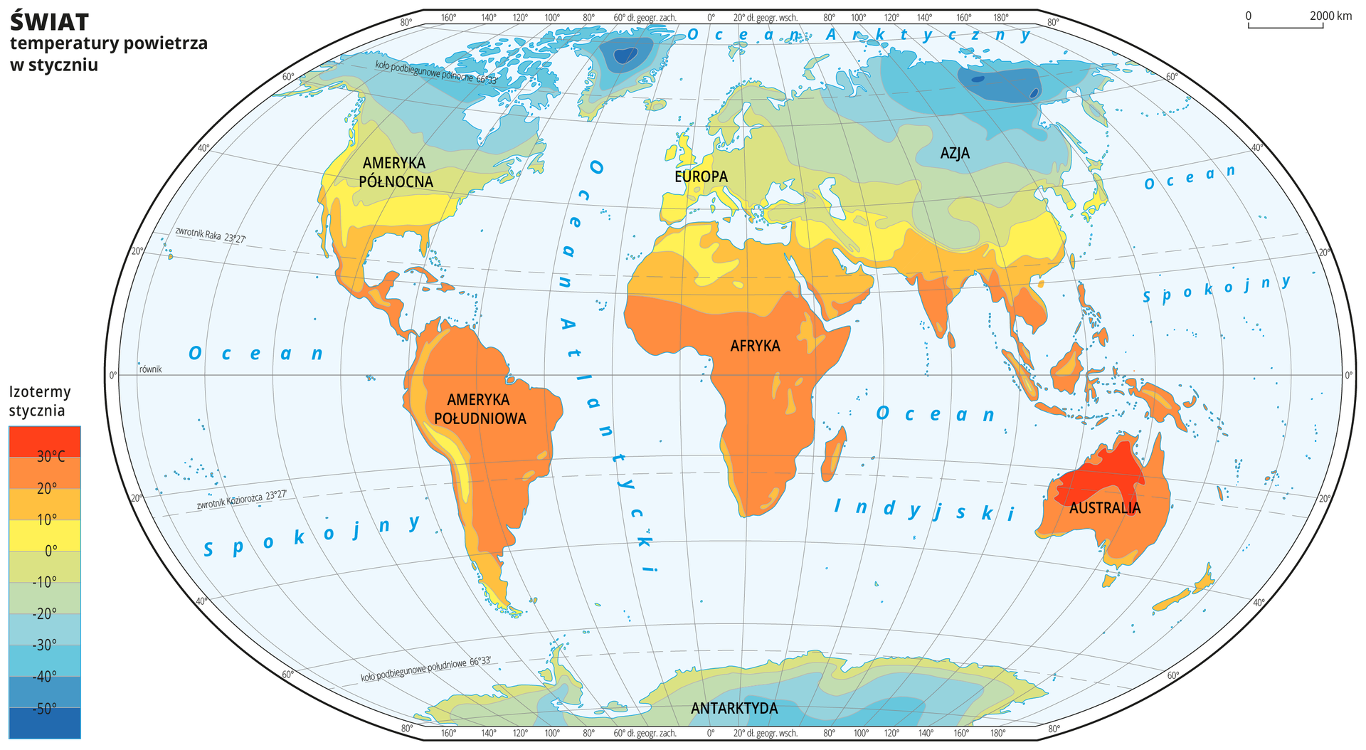 Ilustracja przedstawia mapę świata. Opisano kontynenty. Wody zaznaczono kolorem niebieskim. Opisano oceany. Na mapie w obrębie lądów kolorami zaznaczono średnie miesięczne temperatury powietrza w styczniu. Centralną część mapy pokrywa kolor pomarańczowy i żółty. Na północy i południu kolor przechodzi w zielony do niebieskiego. Mapa pokryta jest równoleżnikami i południkami. Dookoła mapy w białej ramce opisano współrzędne geograficzne co dwadzieścia stopni. Po lewej stronie mapy w legendzie umieszczono prostokątny pionowy pasek. Pasek podzielono na dziesięć części. U góry – ciemnopomarańczowy, dalej pomarańczowy, środek żółty przechodzący w zielony, na dole niebieski do ciemnoniebieskiego. Każda część paska obrazuje dziesięciostopniowy przedział średniej miesięcznej temperatury powietrza w styczniu w różnych regionach świata. Ciemnopomarańczowy oznacza obszary najcieplejsze, ciemnoniebieski – najzimniejsze. Odcieniami koloru pomarańczowego zaznaczono obszary o średniej miesięcznej temperaturze powietrza w styczniu powyżej dziesięciu stopni Celsjusza, kolorem żółtym – od zera do dziesięciu stopni Celsjusza. Odcieniami koloru zielonego i niebieskiego zaznaczono obszary o średniej miesięcznej temperaturze powietrza w styczniu poniżej zera. Obszary o najniższej średniej temperaturze powietrza w styczniu – poniżej pięćdziesiąt stopni Celsjusza znajdują się na północy Azji i na Grenlandii. Obszary oznaczone kolorem ciemnopomarańczowym, na których średnia temperatura powietrza w styczniu wynosi powyżej trzydziestu stopni Celsjusza znajdują się w Australii.