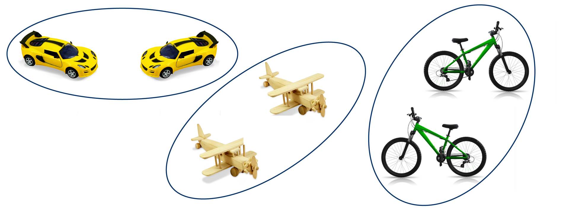 Rysunki trzech par figur podobnych: samochodzików, składanych szybowców i rowerów.