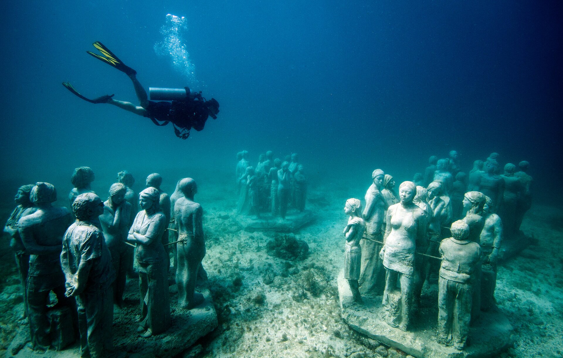 Ilustracja przedstawia osobę nurkującą ze sprzętem do nurkowania, która płynie w kierunku rzeźb. Widoczne są cztery zgrupowania rzeźb osób stojących na dnie morza – dzieci, dorosłych oraz osób starszych. Rzeźby w grupach połączone są ze sobą prętami na wysokości bioder/klatki piersiowej/pleców. Niektóre z postaci mają ręce opuszczone wzdłuż ciała, inne skrzyżowane, splecione za plecami, a niektóre mają splecione dłonie, które trzymają przy twarzy (na znak zmartwienia).