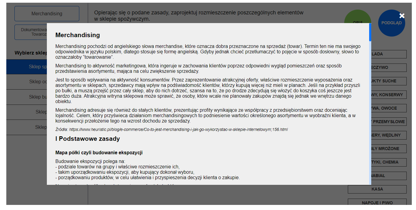 Okno zakładki ,,Merchandising'', otwarte w programie ćwiczeniowym. Treść zakładki czytana przez lektora.