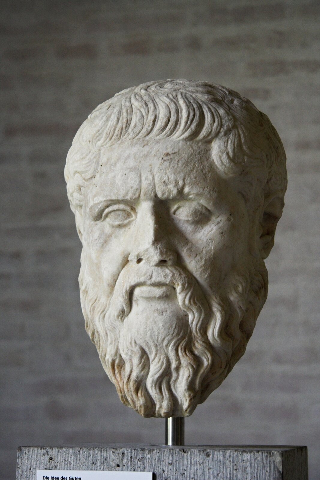 Zdjęcie przedstawia rzeźbę głowy mężczyzny. Mężczyzna jest dojrzały. Jego twarz jest owalna, oczy głęboko osadzone, czoło wysokie. Mężczyzna ma krótkie włosy, gęstą brodę i wąsy. Rzeźba ma lekko utrącony nos.