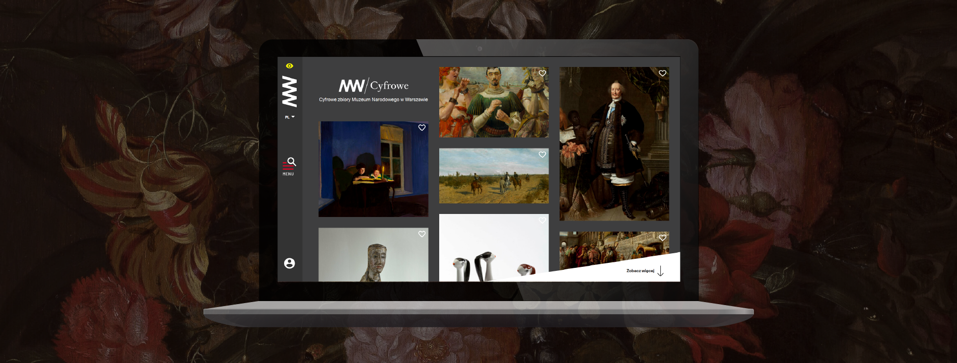 Zdjęcie przedstawia laptop, na którym ukazany jest portal cyfrowe.mnw.art.pl. Po lewej stronie portalu widnieje grafika MNW/ Cyfrowe - Cyfrowe zbiory Muzeum Narodowego w Warszawie. Na ekranie ukazane są ilustracje przedstawiające obrazy. 
