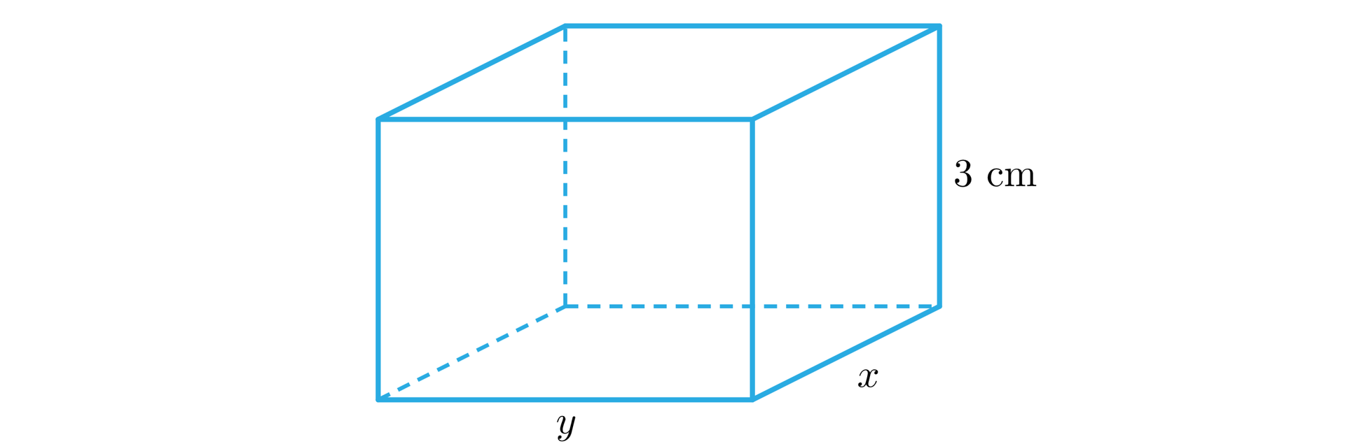 Ilustracja przedstawia prostopadłościan o prostokątnej podstawie o wymiarach y na x oraz o wysokości równej 3 centymetry.
