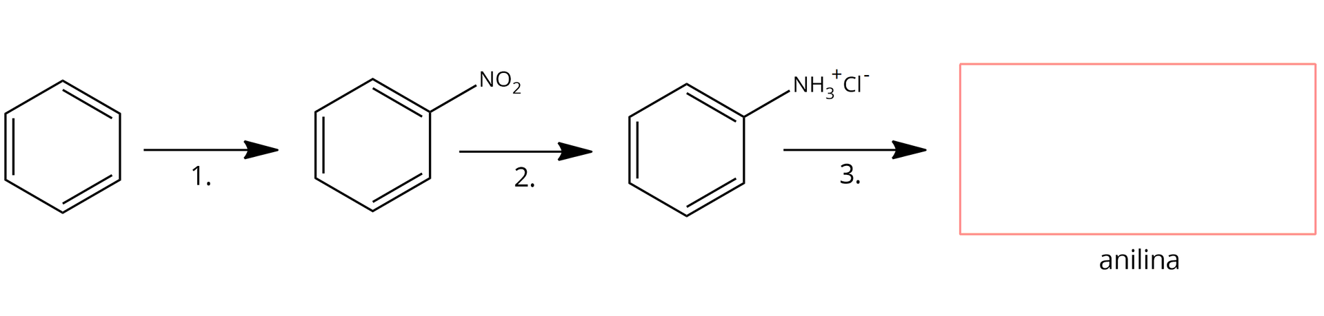 Równanie pierwsze: jedna cząsteczka benzenu strzałka w prawo jedna cząsteczka nitrobenzenu. Równanie drugie: jedna cząsteczka nitrobenzenu strzałka w prawo jedna cząsteczka chlorku aniliniowego. Równanie trzecie: jedna cząsteczka chlorku aniliniowego strzałka w prawo jedna cząsteczka aniliny.
