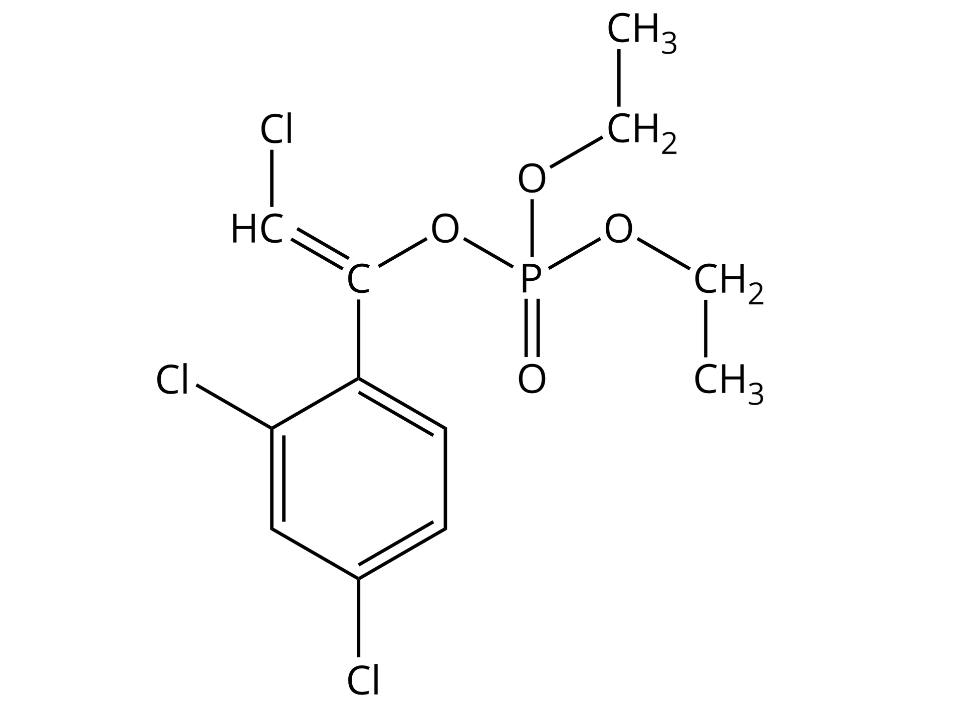 Ilustracja przedstawia wzór półstrukturalny chlorfenwinfosu. jego strukturę tworzą atomy wodoru, węgla, chloru, fosforu i tlenu. W związku tym jest pierścień podstawiony dwoma atomami chloru oraz złożony podstawnik, w którym są: atom chloru, wiązanie podwójne oraz grupy estru kwasu fosforanowego.