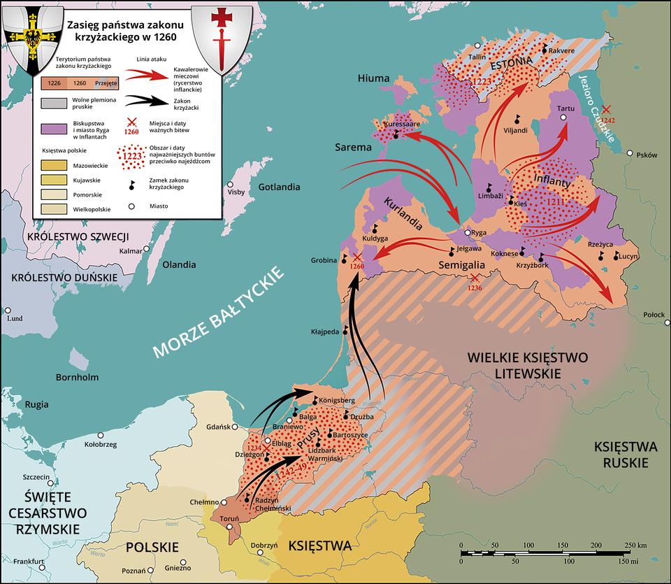 Mapa przedstawia zasięg państwa zakonu krzyżackiego w 1260 roku. Terytorium państwa zakonu krzyżackiego w 1226 roku obejmowało Toruń, Chełmno i Radzyń Chełmiński. W 1260 roku obejmowało tereny Elbląga, Braniewa, Lidzbarku Warmińskiego, Bartoszyc, Balgi oraz tereny Kurlandii, Semigalii, Inflant na terenie obecnej Łotwy i Estonii. Tereny przejęte przez zakon to północna Estonia oraz zachodnia część Wielkiego Księstwa Litewskiego. Wokół państwa zakonu krzyżackiego znajdowały się księstwa polskie. Od góry były to księstwo pomorskie, wielkopolskie, kujawskie i mazowieckie. Kawalerowie mieczowi rycerstwa inflanckiego atakowały od środka Inflant w stronę Estonii, Jeziora Czudzkiego, Wielkiego Księstwa Litewskiego, wyspy na Morzu Bałtyckim. Zakon krzyżacki atakował z Radzynia Chełmińskiego na Prusy oraz w stronę Kurlandii. Bitwa pod Elblągiem miała miejsce w 1234 roku. Bitwa pod Grobiną 1260 rok. Nad Jeziorem Czudzkim w 1242 roku. Na granicy Wielkiego Księstwa Litewskiego i Semigalii w 1236 roku. Najważniejsze obszary buntów przeciwko najeźdźcom to Prusy od 1242 do 1249 roku. Inflanty 1211 rok. Estonia 1223 rok. Zamki zakonu krzyżackiego znajdowały się między innymi w Radzyniu Chełmińskim, Lidzbarku Warmińskim, Bartoszycach, Balgi, Drużbie, Kłajpedzie, Grobinie, Kuldydze, Jełgawie, Krzyżborku.