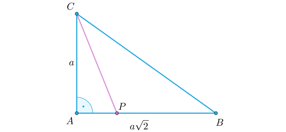 Ilustracja przedstawia trójkąt prostokątny A B C o podstawie równej a pierwiastek kwadratowy z dwa koniec pierwiastka oraz wysokości równej a. Z wierzchołka C upuszczono odcinek na podstawę tworząc punkt P. 