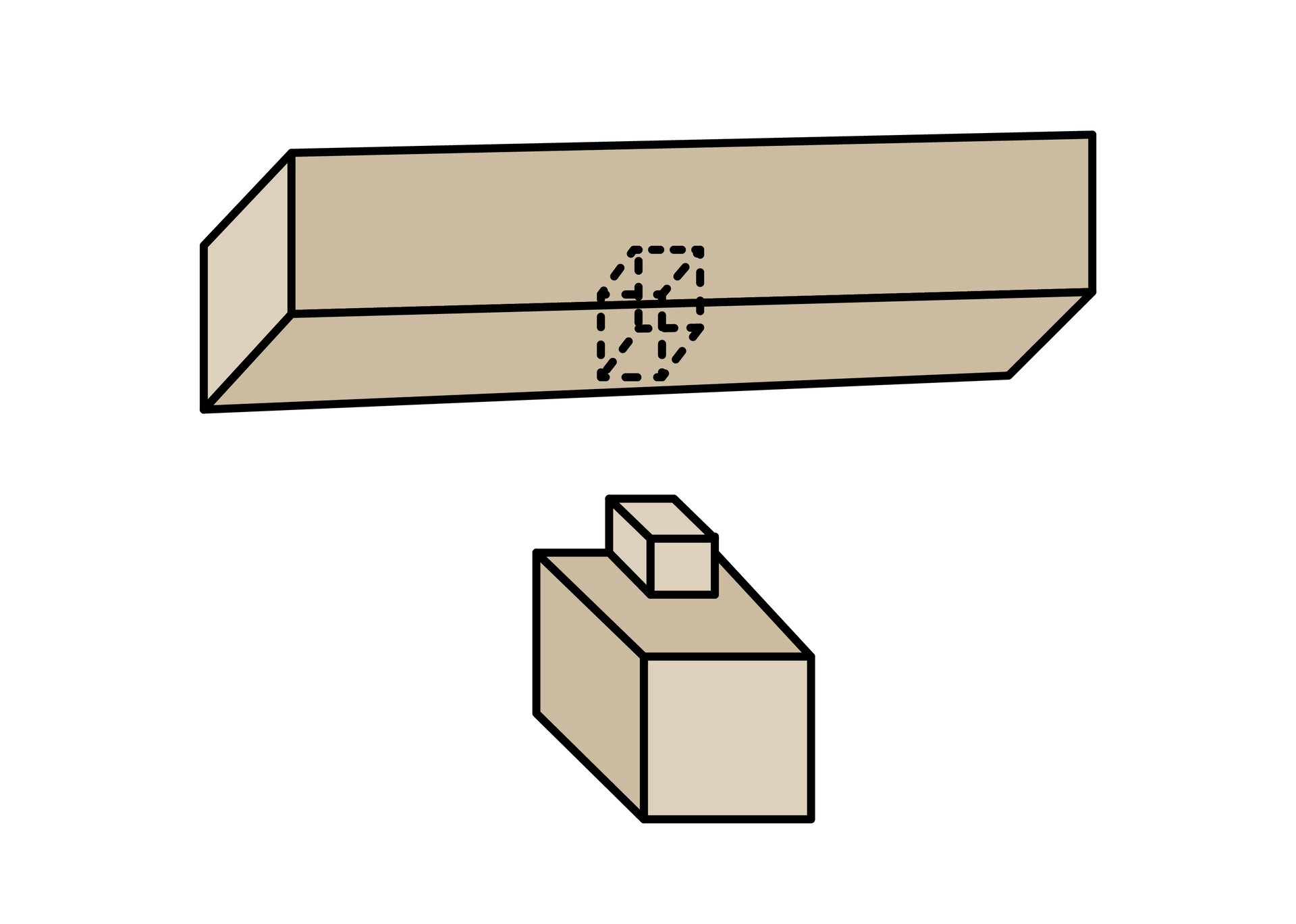 Grafika ilustruje złącze na czop środkowy. Łączone elementy są względem siebie prostopadłe i znajdują się w jednej pionowej płaszczyźnie. Pośrodku górnego elementu wycięto gniazdo, zaś w dolnym pasujący do gniazda czop w kształcie prostopadłościanu.