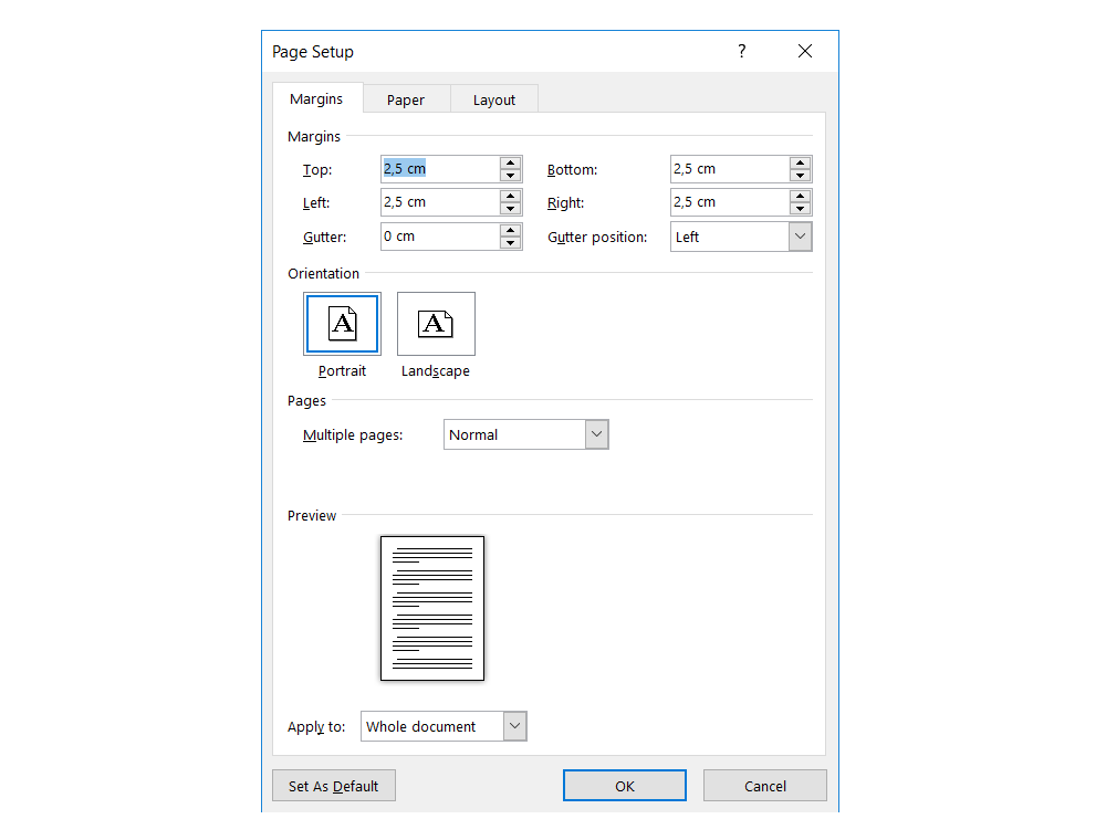 Zrzut z ekranu przedstawia właściwości strony (page setup) z aktywną kartą Margins. Od góry można zefiniować Margins: Top, Bottom, Left, Right, Gutter, Gutter position. Następnia Orintation: Postrait lub Lanscape. Dalej Pages - Multiple pages. Ostatnim elementem do ustawienia jest Preview oraz Apply to. Na dole formatki znajdują się przyciski: Set As Default, OK Cancel.