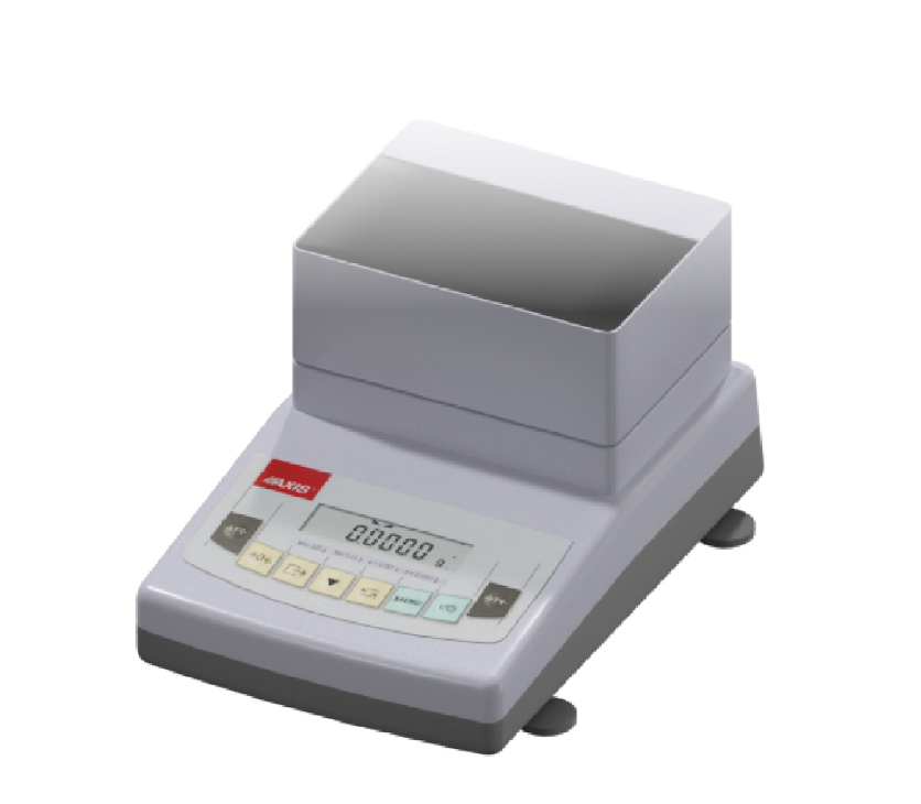 Ilustracja przedstawia urządzenie – wagosuszarkę. Zbudowana jest ona z poziomego panelu z wyświetlaczem i przyciskami, tuż za nim jest wyższa część z płaską powierzchnią służącą do ważenia.