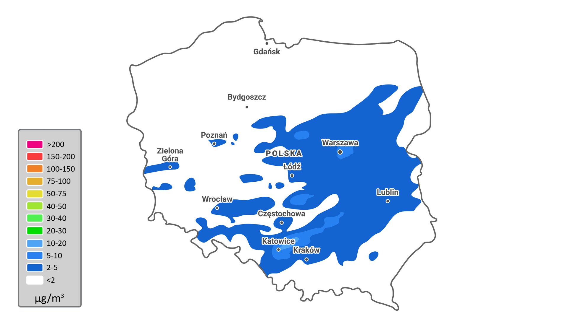 Ilustracja przedstawia mapę Polski z ukazanym stężeniem tlenku siarki(IV) w powietrzu. Najwyższe stężenie, zakres 2‑20    μ        g           /                  m                 3          występuje w okolicach: Zielonej Góry, Poznania, Łodzi, Wrocławia, Częstochowy, Katowic, Warszawy, Krakowa i Lublina.