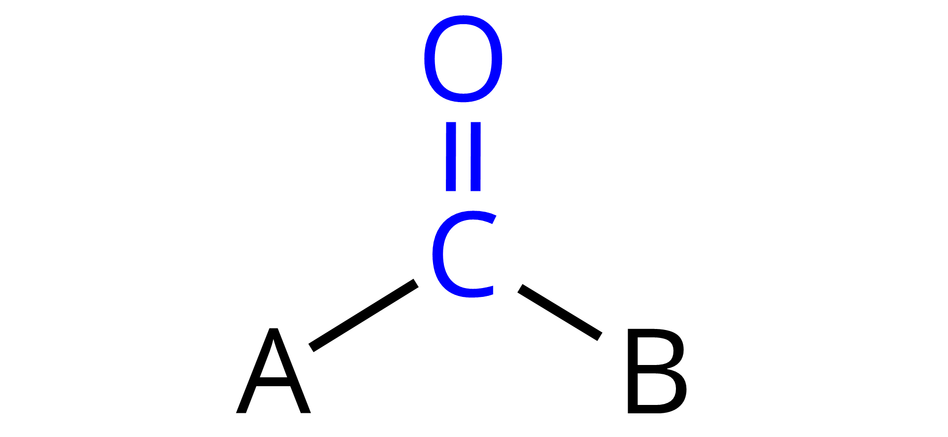 Na ilustracji znajduje się wzór: atom węgla łączy się wiązaniem podwójnym z atomem tlenu oraz wiązaniami pojedynczymi z A i B.