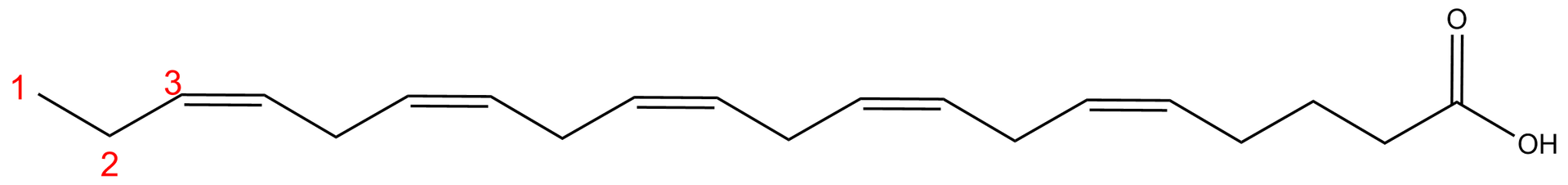 Na ilustracji jest wzór kwasu eikozapentaenowego: to długi łańcuch, tworzący zygzak. Jest w nim pięć wiązań podwójnych - pomiędzy 3 i 4, 6 i 7, 9 i 10, 12i 13, 15 i 16 atomem węgla. Po prawej stronie łańcucha jest grupa COOH.
