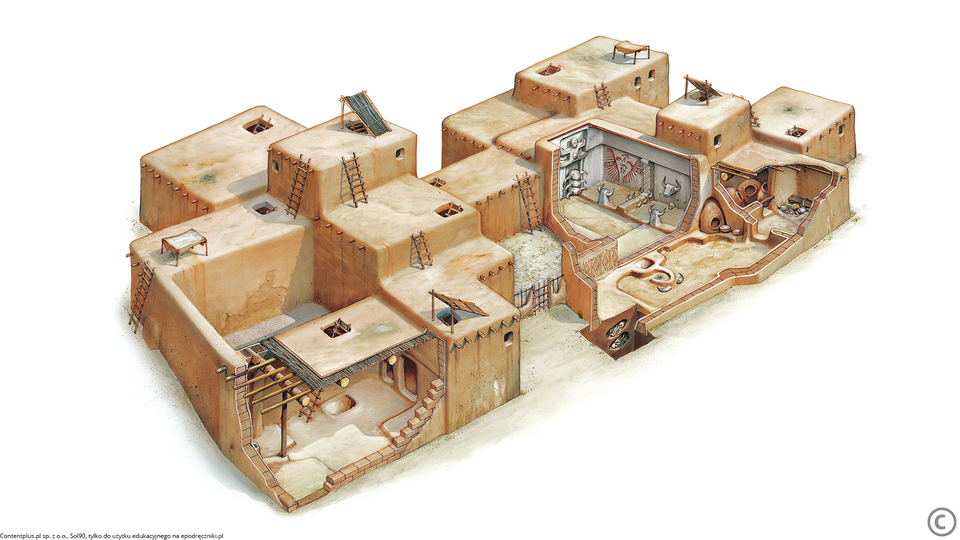 Ilustracja przedstawia rekonstrukcję Çatal Hüyük. Jest to przestrzenna konstrukcja z kamiennych bloków, podzielona masywnymi ścianami. Wewnątrz ustawione są blokowe obiekty pokryte płaskimi dachami. 