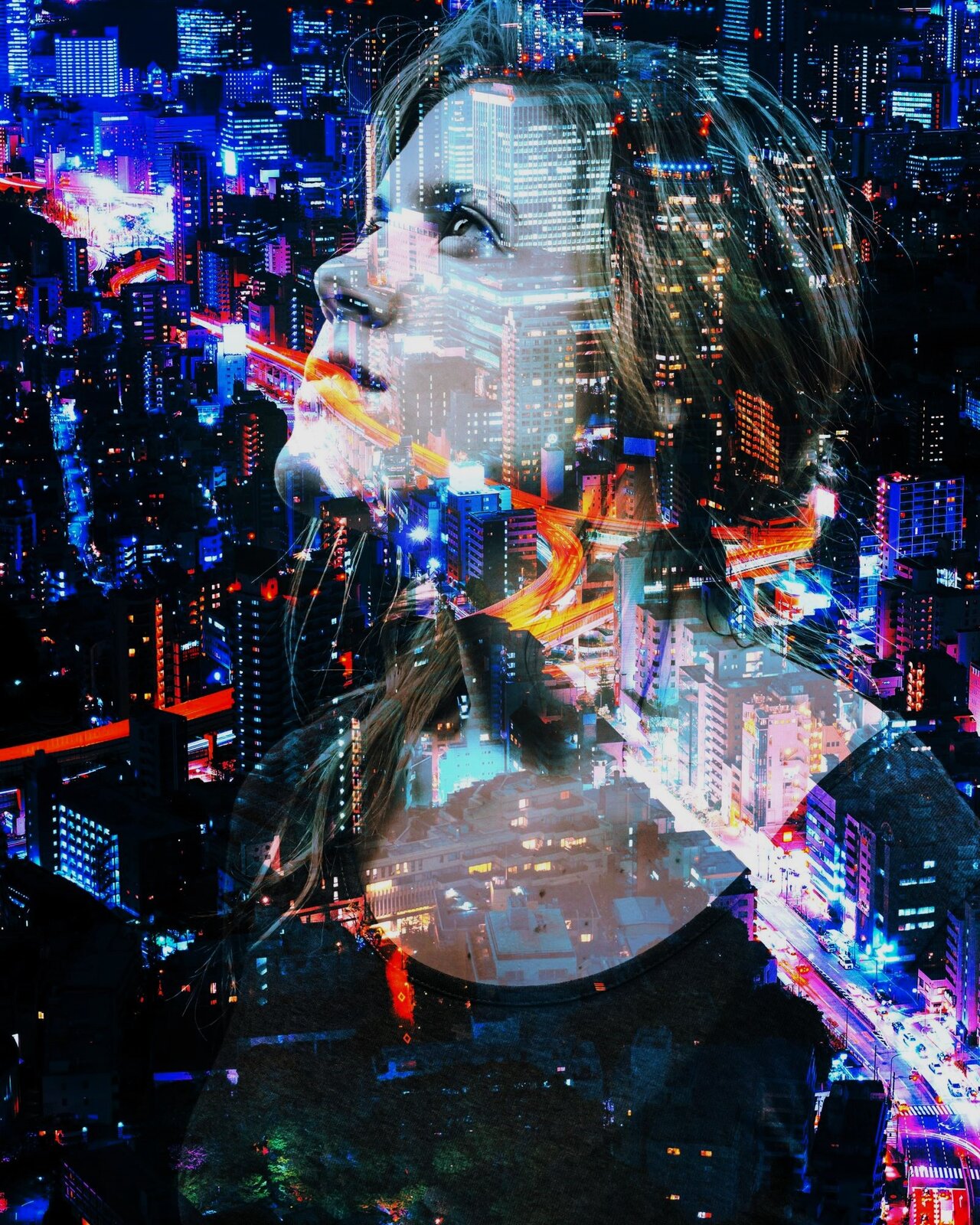 Zdjęcie przedstawia głowę dziewczyny odwróconą profilem, nałożone na fotografię świateł wielkiego miasta. Jest to rodzaj fotomontażu - podwójna ekspozycja.