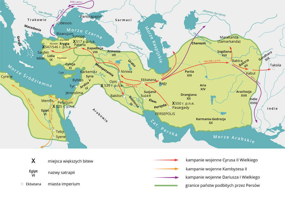 Mapa prezentuje imperium perskie przed panowaniem Dariusza Wielkiego. Mapa prezentuje obszar na Bliskim Wschodzie – obecnie obejmujący obszar Syrii, Iraku i Iranu oraz Jordanii, Izraela i północnego Egipt. Na mapie zaznaczone są miejsca wielkich bitew stoczonych przez Cyrusa drugiego Wielkiego: w 550 roku przed naszą erą w Pasargady, w latach 547‑546 przed naszą erą w Sardes, w 539 roku przed naszą erą w Opis, w 517 roku przed naszą erą w Paterii. A także bitwę stoczoną przez Kambyzesa drugiego w Peluzjum w 525 roku przed naszą erą. Ukazane są także kampanie wojenne: 1. Cyrusa drugiego Wielkiego prowadzone z Ekbatany na zachód (przez Niniwę, Paterię do Sardes) i na wchód – przez Ragy, Baktrę, Kabul do Taksilii), a także na południowy zachód (z Ekbartany przez Opis do Babilonu) oraz z południa, z Pasargady do Ekbatany). 2. Kambyzesa drugiego z Jerozolimy przez Peluzjum do Teb oraz w kierunku Cyrene. 3. Dariusza pierwszego Wielkiego z Baktry na południe, do Indii, z Ragy na północ oraz z Bizancjum wzdłuż Morza Czarnego, na północ.