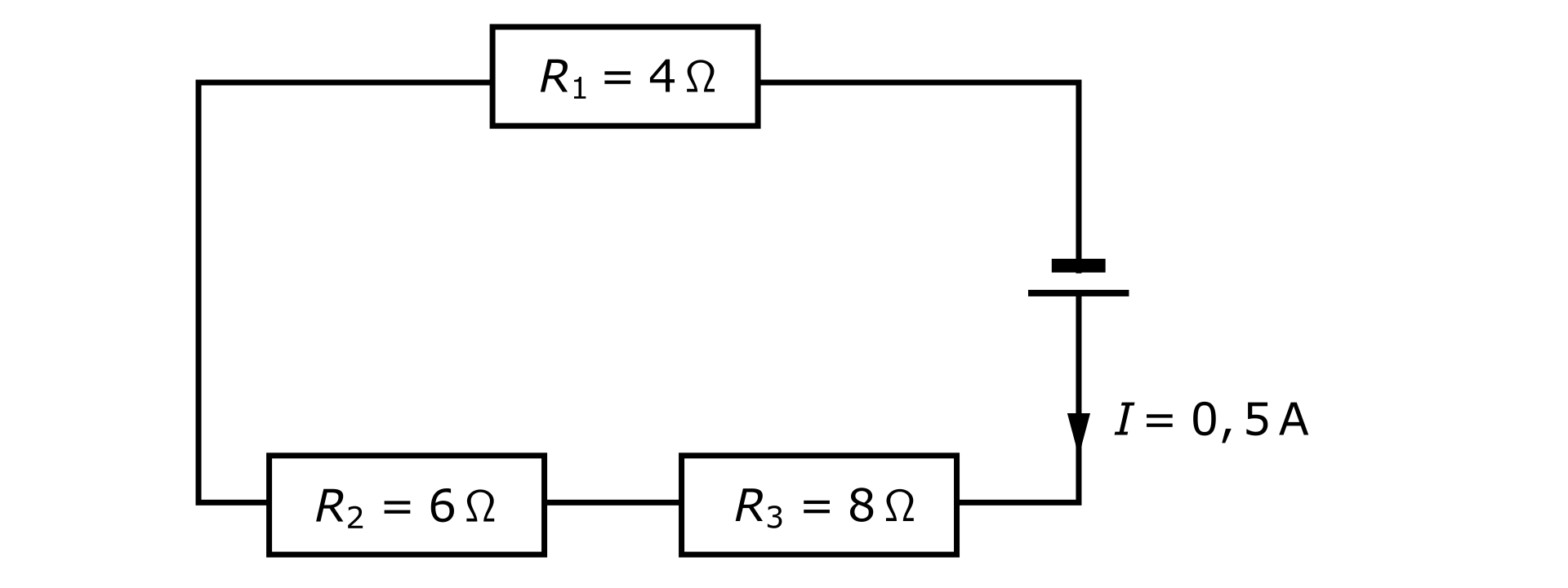 Ilustracja przedstawia schemat połączenia szeregowego. Obwód prostokątny. Na środku prawego boku symbol źródła napięcia, z biegunem ujemnym u góry a biegunem dodatnim u dołu. Pod biegunem dodatnim grot skierowany w dół. Podpisany: I równa się pięć dziesiątych A. Na dolnym boku dwa oporniki. Prawy podpisany: R z indeksem dolnym trzy równa się osiem omega. Lewy podpisany: R z indeksem dolnym dwa równa się sześć omega. Na górnym boku opornik podpisany: R z indeksem dolnym jeden równa się cztery omega.