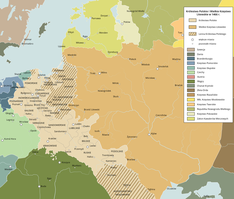Ilustracja przedstawia mapę Królestwa Polskiego i Wielkiego Księstwa Litewskiego z 1466 roku.  Na mapie oznaczono duże miasta, rzeki, morza, jeziora.W prawym górnym rogu znajduje się legenda mapy.