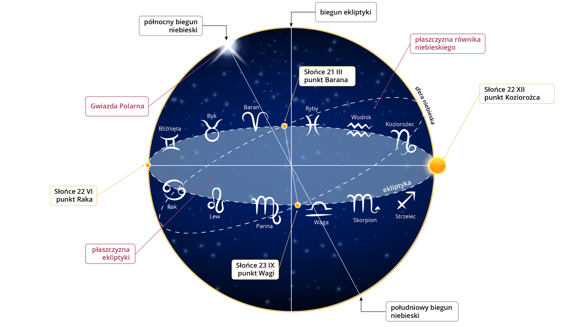 Ilustracja przedstawia sferę niebieską z zaznaczonym ruchem rocznym Słońcem (ekliptyką). Na schemacie zaznaczony jest biegun ekliptyki prostopadły do jej płaszczyzny. Oprócz tego mamy północny biegun niebieski oraz południowy biegun niebieski. Ten pierwszy wyznacza Gwiazdę Polarną. Linia między biegunami niebieskimi jest prostopadła do płaszczyzny równika niebieskiego. Naokoło płaszczyzny ekliptyki mamy zaznaczone kolejno znaki zodiaku: Koziorożec, Wodnik, Ryby, Baran, Byk, Bliźnięta, Rak, Lew, Panna, Waga, Skorpion, Strzelec. Są też cztery punkty w których znajduje się Słońce w ciągu roku: punkt Barana czyli 21 marca, punkt Raka czyli 22 czerwca, punkt Wagi czyli 23 września oraz punkt Koziorożca czyli 22 grudnia.