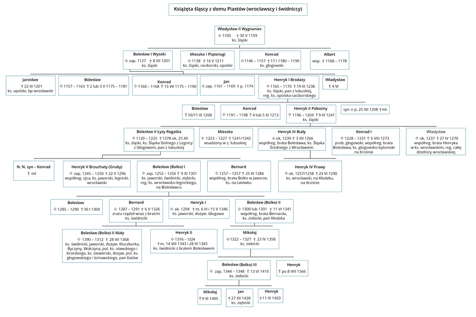 Ilustracja przedstawia drzewo genealogiczne książąt śląskich z domu Piastów. Władysław drugi Wygnaniec książę śląski miał potomków Bolesława pierwszego Wysokiego księcia śląskiego, Mieszka pierwszego Plątonogiego księcia śląskiego, raciborskiego i opolskiego, Konrada księcia głogowskiego i Alberta. Bolesław pierwszy Wysoki miał potomków Jarosława księcia opolskiego i biskupa wrocławskiego, Bolesława, Konrada, Jana, Henryka pierwszego Brodatego księcia śląskiego, pana z lubuskiej, księcia opolsko raciborskiego oraz Władysława. Henryk pierwszy Brodaty miał potomków Bolesława, Konrada, Henryka drugiego Pobożnego księcia śląskiego. Miał on potomków Władysława, Konrada pierwszego proboszcza głogowskiego, księcia głogowsko bytomskiego na Krośnie, Henryka trzeciego Białego księcia Śląska Średniego z Wrocławiem, Mieszka wsadzonego w ziemi lubuskiej, Bolesława drugiego łysego Rogatka księcia śląskiego, księcia Śląska Dolnego z Legnicy z Głogowem, pana z lubuskiej. Henryka trzeci Biały miała syna Henryka czwartego Prawego księcia wrocławskiego na Kłodzku i na Krośnie. Bolesław drugi Łysy Rogatka miał potomków Konrada, Henryka piątego Brzuchatego Grubego księcia jaworskiego, legnickiego, wrocławskiego, Bolesława Bolko pierwszego księcia jaworskiego, świdnickiego, ziębickiego, Bernarda księcia na Lwówku. Bolesław Bolko pierwszy miał potomków Bolesława, Bernarda zrazu rządzącego wraz z braćmi, księcia świdnickiego, Henryka pierwszego księcia jaworskiego, dożywotnio Głogowa, Bolesława Bolko drugiego księcia ziebickiego, pana Kłodzka. Bernard miał potomków Bolesława Bolko drugiego Małego księcia świdnickiego, jaworskiego, dożywotnio Kluczborka, Byczyny, Wolczyna, księcia siewierskiego, pana katów oraz Henryka drugiego księcia świdnickiego z bratem Bolesławem. Bolesław Bolko drugi miał syna Mikołaja księcia ziebickiego. Miał on potomków Bolesława Bolko trzeciego księcia ziebickiego oraz Henryka. Bolesław Bolko trzeci miał potomków Mikołaja, Jana księcia ziębickiego oraz Henryka.