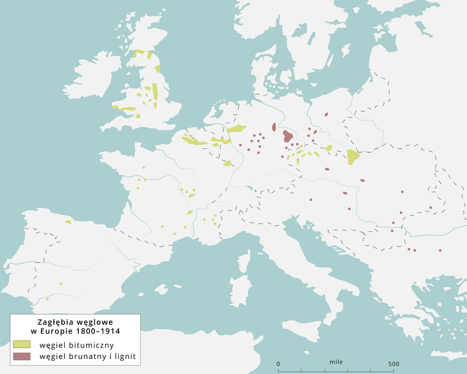 Mapa Europy przedstawia zagłębia węglowe w latach 1800–1914. Węgiel bitumiczny: Europa Środkowa i Środkowo‑Wschodnia. Węgiel brunatny i lignit: Europa Zachodnia, Europa Środkowa, Europa Wschodnia, wyspy brytyjskie.