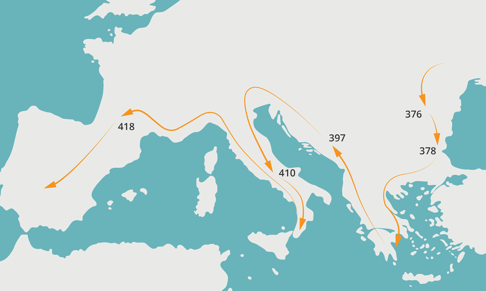 Ilustracja przedstawia mapę Europy i zaznaczona strzałkami droga prowadząca od wschodu przez południe przy brzegu morza śródziemnego aż do obszaru dzisiejszej Hiszpanii.