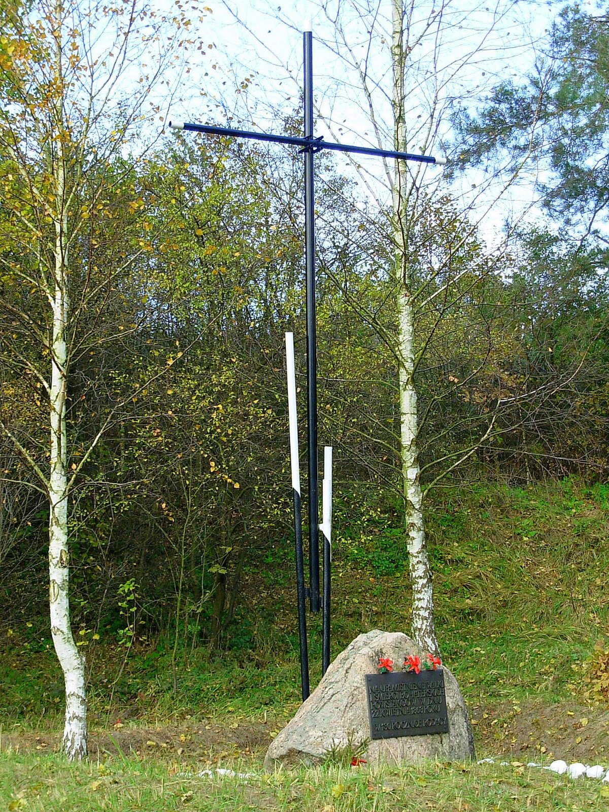 Zdjęcie przedstawia metalowy, czarny krzyż. Pod nim umieszczony został kamień z przytwierdzoną do niego tablicą pamiątkową. W tle widoczne są brzozy oraz inne drzewa i krzewy. Niebo jest błękitne i bezchmurne. Zdjęcie zostało wykonane w świetle dziennym.
