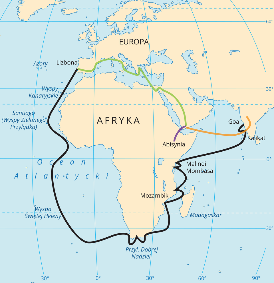 Ilustracja przedstawia trasę podróży oznaczoną na konturowej mapie. Na mapie oznaczono kontury kontynentów oraz trasę, która biegnie z Lizbony, obiega Afrykę z zachodniej strony dobijając do Przylądka Dobrej Nadziei, przebiegającą na północ pomiędzy wschodnim wybrzeżem Afryki, a Madagaskarem. Następnie na wschód do miast Goa, Kalikat (Półwysep Indyjski), do wschodnie Afryki i do miejsca rozpoczęcia w Lizbonie.