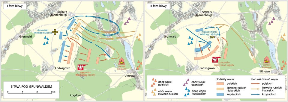 Ilustracja przedstawia schemat bitwy pod Grunwaldem. W pierwszej fazie bitwy obóz wojsk krzyżackich znajdował się z lewej strony pola bitwy, pod Grunwaldem. Obóz wojsk polskich znajdował się z prawej strony, nad Ulnowem. Obóz wojsk litewsko ruskich znajdował się z prawej strony nad wojskami polskimi. Obóz wojsk tatarskich znajdował się w północno wschodniej części pola bitwy. Stanowisko Wielkiego Mistrza znajdowało się przy obozie wojsk krzyżackich. Stanowisko Władysława Jagiełły znajdowało się pomiędzy Łodwigowem a Ulnowem. Namiot królewski znajdował się pod Ulnowem. Wojska polskie starły się z krzyżackimi nad Łodwigowem. Wojska litewsko ruskie starły się z krzyżackimi pod Stębarkiem na północy. W drugiej fazie bitwy miejsce obozów pozostało takie samo. Wojska polskie zaatakowały nad Łodwigowem wojska krzyżackie, które zarządziły odwrót. Powyżej pola tego starcia śmierć poniósł Wielki Mistrz. Do tego miejsca podążały wojska litewsko ruskie.