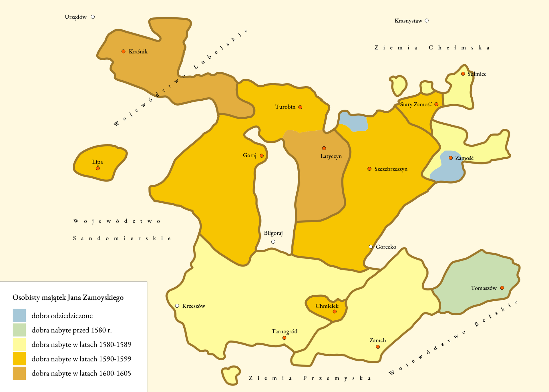 Mapa osobistego majątku Zamoyskiego. Dobra odziedziczone - Zamość; dobra nabyte przed 1580 r. - Tomaszów; Dobra nabyte w latach 1580 -1589 - Krzeszów, Zamch, Tarnogród, Solnice; Dobra nabyte w latach 1590 - 1599 - Lipa, Goraj, Turobin, Szczebrzeszyn, Stary Zamość, Chmielek, Górecko; Dobra nabyte w latach 1600 - 1605 - Łatyczyn, Kraśnik; pozostałe ordynacje - Województwo Sandomierskie, Ziemia Przemyska, Województwo Bełskie, Ziemia Chełmska, Województwo Lubelskie. Pozostałe miasta: Biłgoraj, Uniejów, Krasnystaw. 