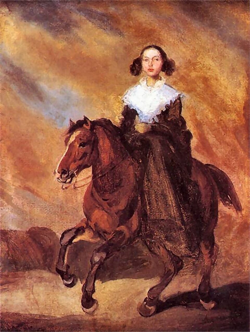 Ilustracja przedstawia obraz Piotra Michałowskiego „Amazonka”. Ukazuje kobietę siedzącą na brązowym koniu, który unosi przednie nogi. Bohaterka ma na sobie brązową, długą suknię z dużym, koronkowym, białym kołnierzem opadającym na ramiona. Ma gładko uczesane włosy, upięte w dwa koki po bokach. Siedzi sztywno z twarzą zwróconą w stronę widza. Tło utrzymane jest w jasnych, pastelowych barwach, namalowane jest ukośnymi pociągnięciami pędzla. 