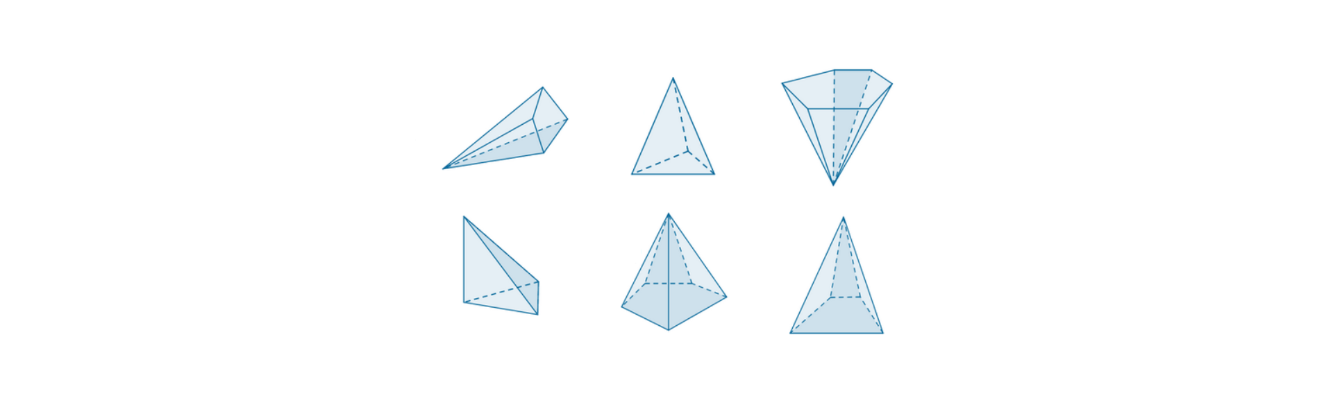 Zdjęcie przedstawia ostrosłupy o różnych podstawach: czworokąta, trójkąta, sześciokąta, trójkąta, pięciokąta, trapezu.