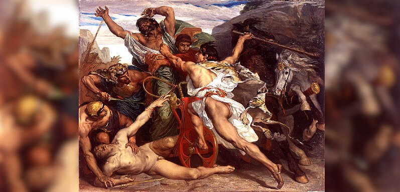 Obraz przedstawia scenę walki. Pomiędzy skałami znajduje się kilku ścierających się ze sobą mężczyzn. Jeden z nich, z drewnianą pałką atakuje dojrzałego mężczyznę. Zasłania go młodzieniec. Wokół inni mężczyźni także walczą wręcz.